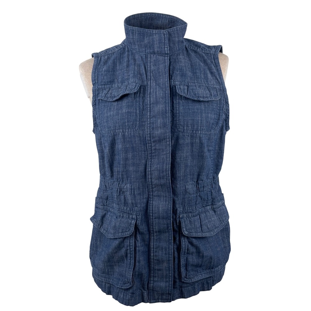 Talbots Petites Blue Cotton Chambray Utility Vest Jacket MP Medium Petite